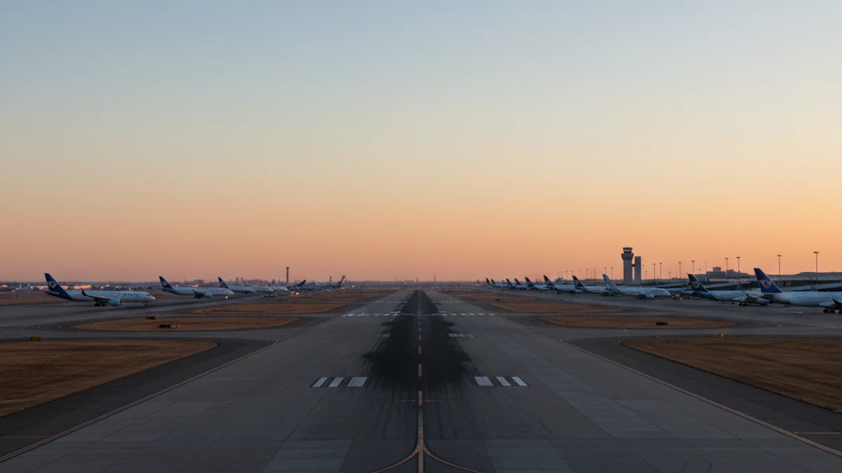 Vista aérea de la pista de despegue de un aeropuerto comercial con aviones estacionados.