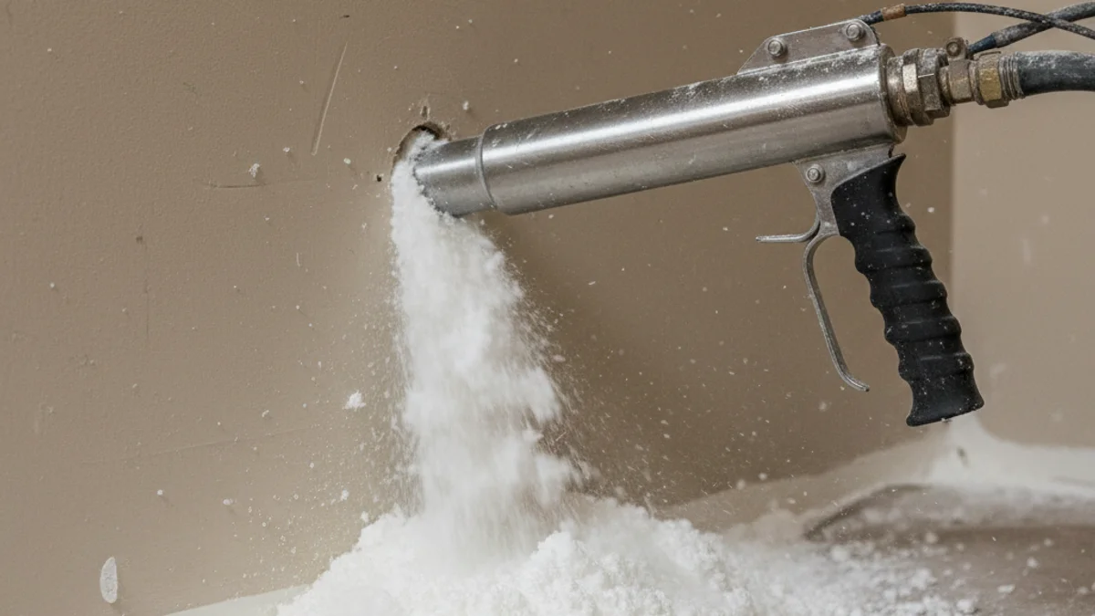 Detalle de una máquina insuflando material aislante en una pared de una vivienda.