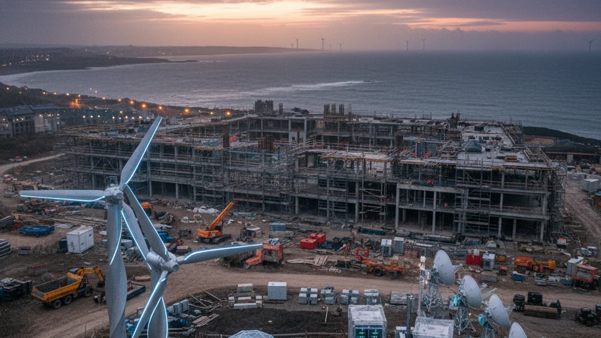 Imagen genérica de una zona en construcción y elementos de energía eólica marina.