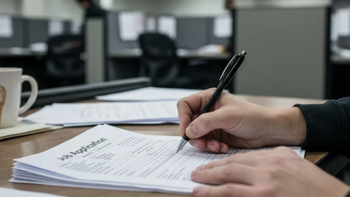 Imagen genérica de manos rellenando formularios de solicitud de empleo en una oficina de ocupación.