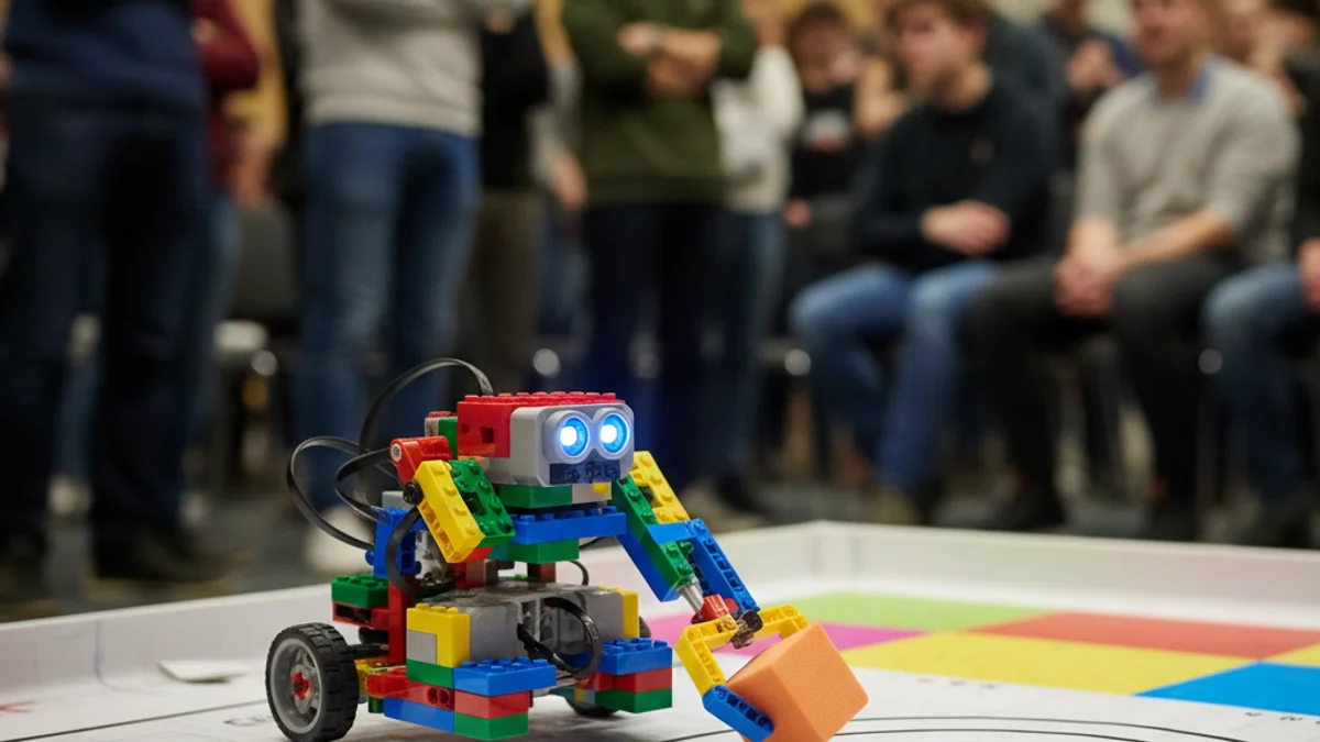 Imagen genérica de un robot construido con piezas de colores durante una competición escolar.