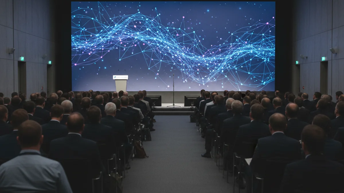 Empresarios y profesionales asistiendo a una conferencia sobre tecnología e innovación en una sala moderna.