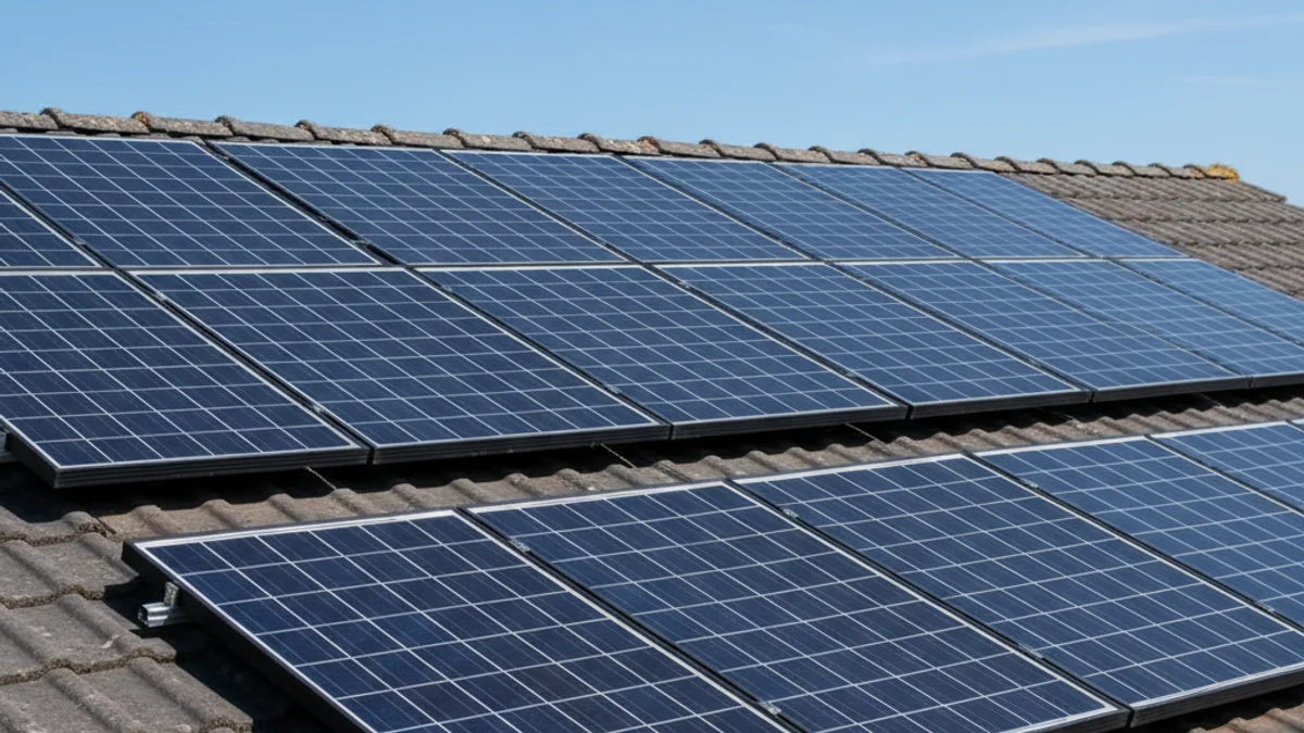 Paneles solares instalados en un tejado residencial bajo un cielo despejado.