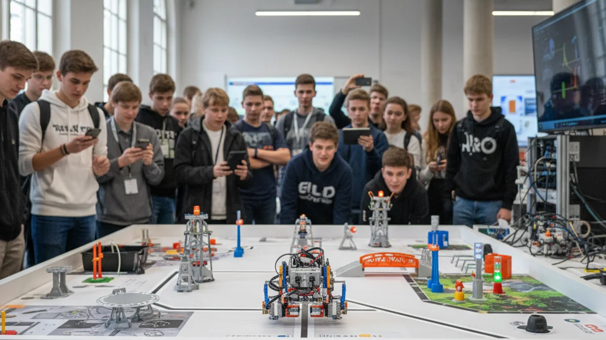 Imagen genérica de un robot construido con piezas de bloque en una competición tecnológica escolar.