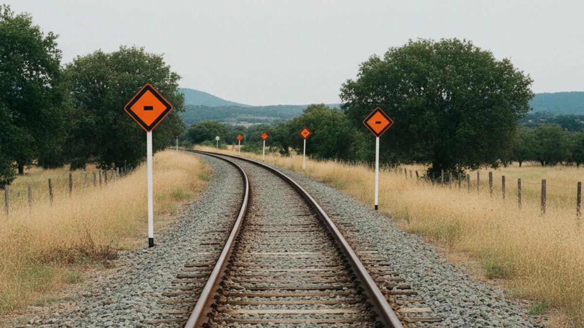 Imagen genérica de una vía de tren con señales de restricción de velocidad en un entorno rural.