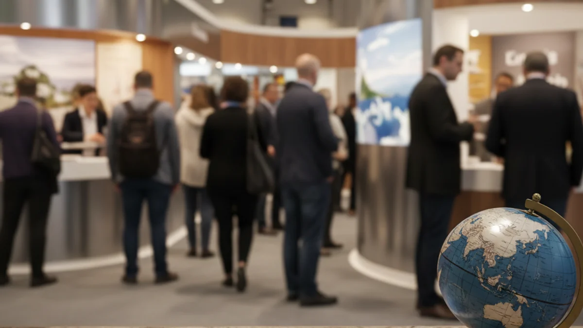 Imagen genérica de un salón de turismo con folletos e información sobre viajes.