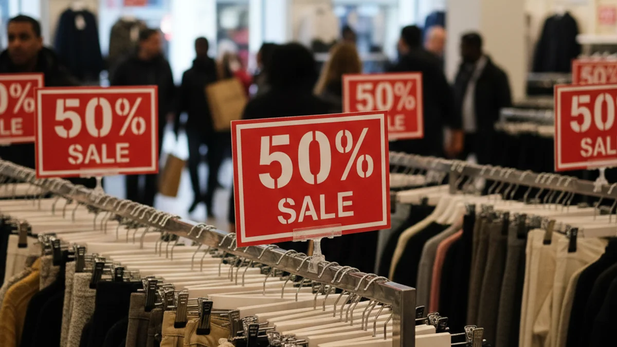 Imagen de unos estantes de ropa en una tienda durante las rebajas.