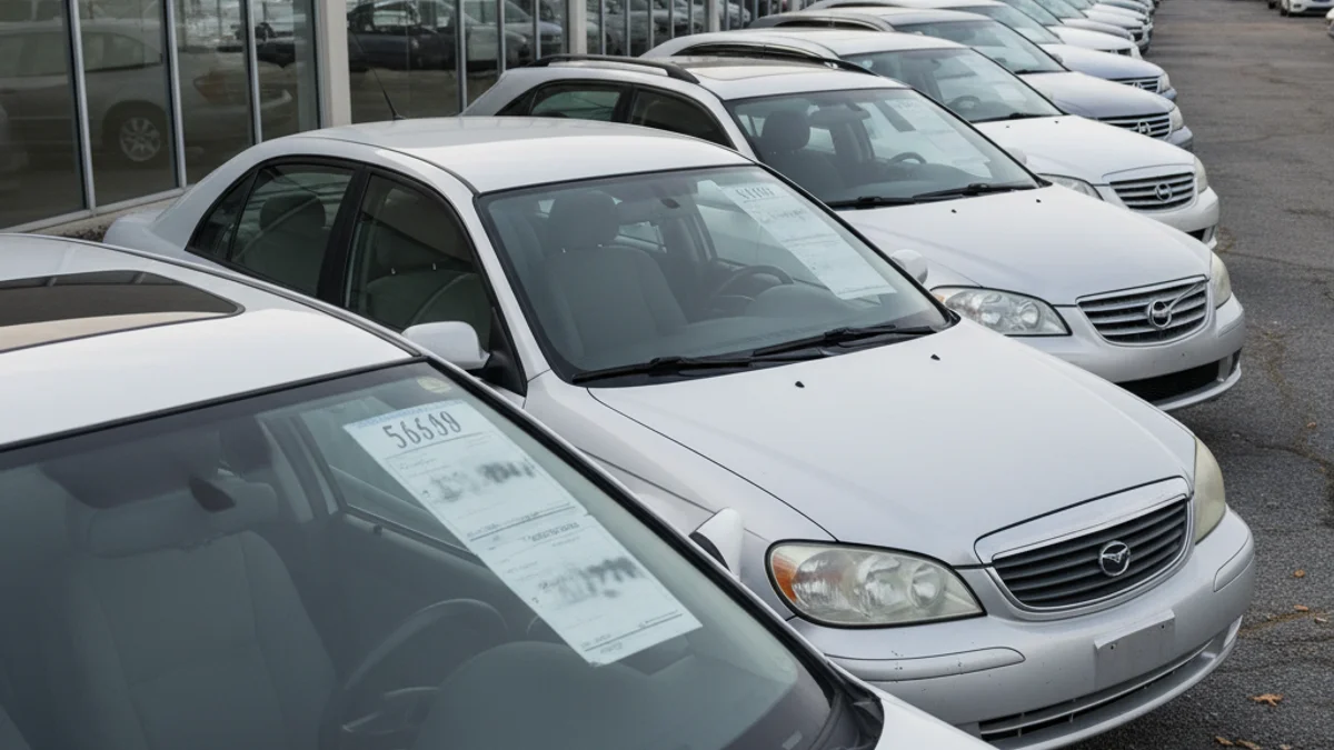 Un coche de segunda mano aparcado en un concesionario con señales de precio, sin personas visibles.