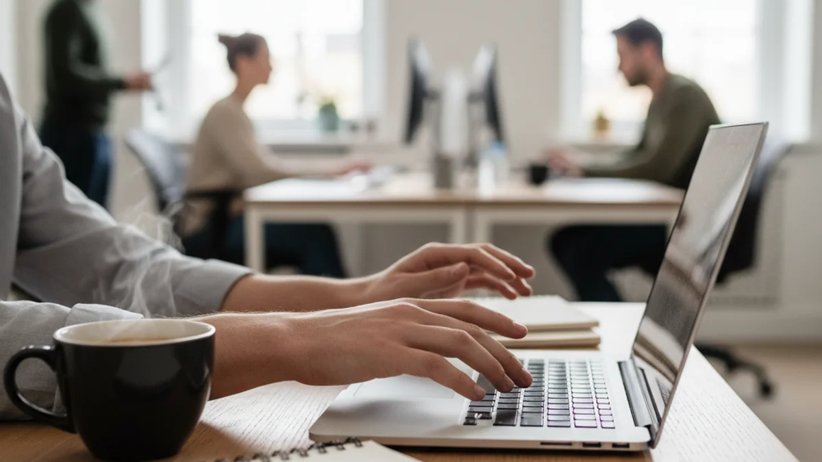 Interior de una oficina moderna con una persona joven trabajando frente a un ordenador.