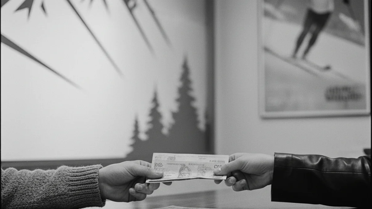 Una persona comprando un forfait o pidiendo información en el mostrador de una oficina de turismo en la Cerdanya.