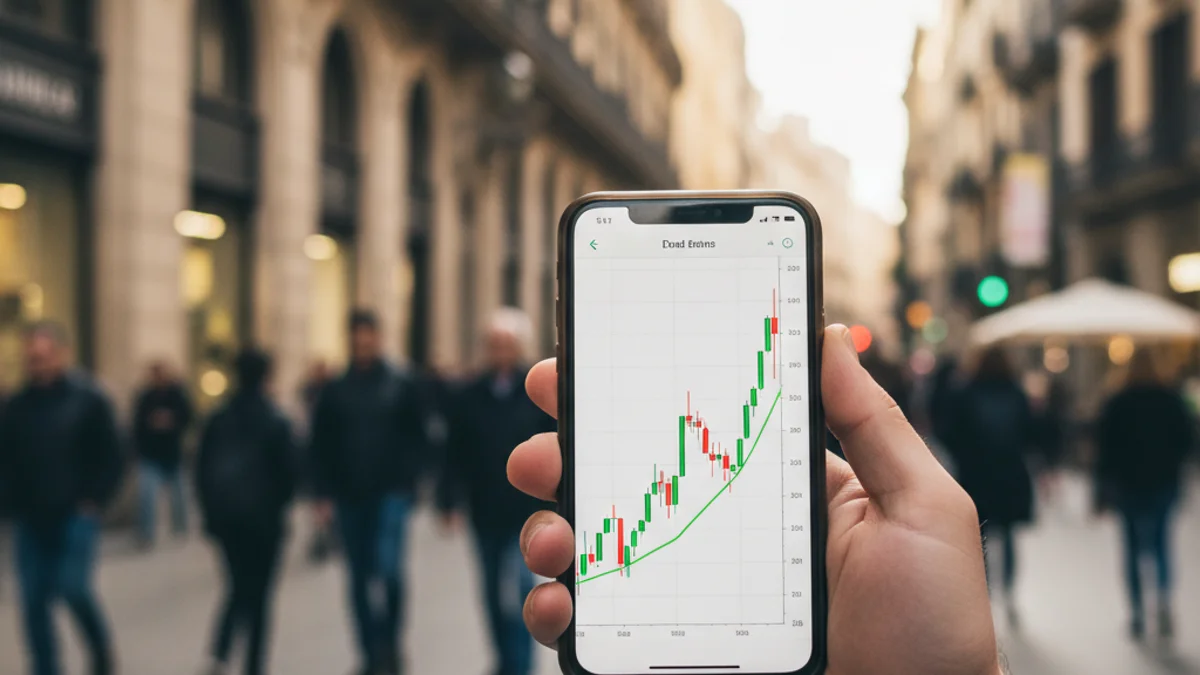 Imagen genérica de una persona consultando gráficos financieros en un teléfono móvil en un entorno urbano.