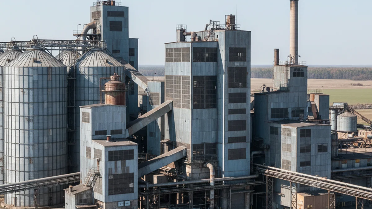 Imagen de una planta industrial con chimeneas y estructuras metálicas bajo un cielo despejado.