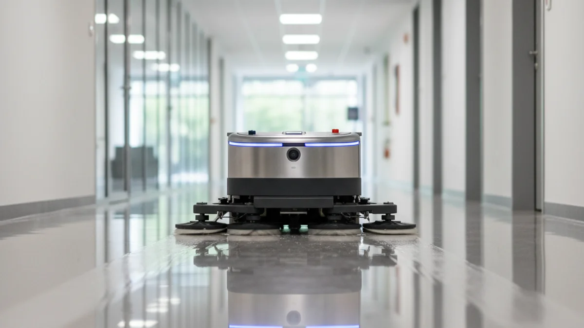 Imagen de un robot de limpieza industrial moderno operando en un pasillo de hospital vacío y limpio.