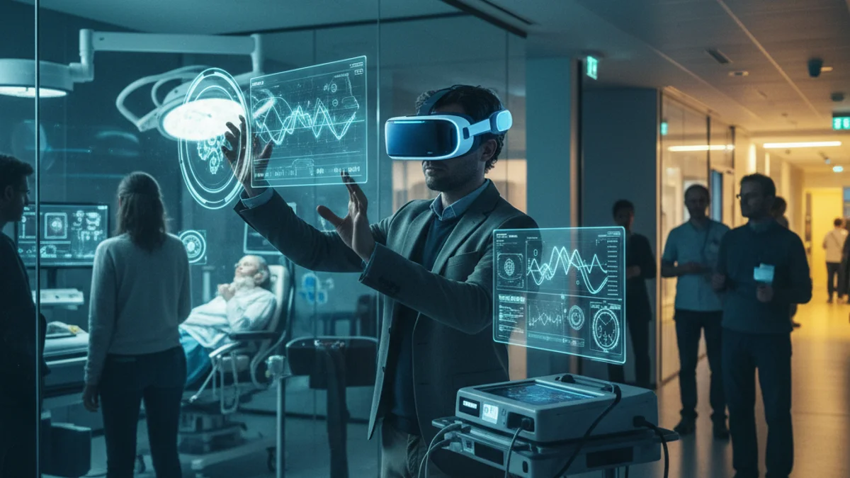 Imagen genérica de una persona utilizando gafas de realidad virtual en un entorno sanitario moderno.