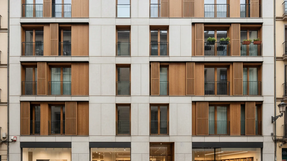 Imagen de un edificio residencial moderno con locales comerciales en la planta baja en un centro urbano.