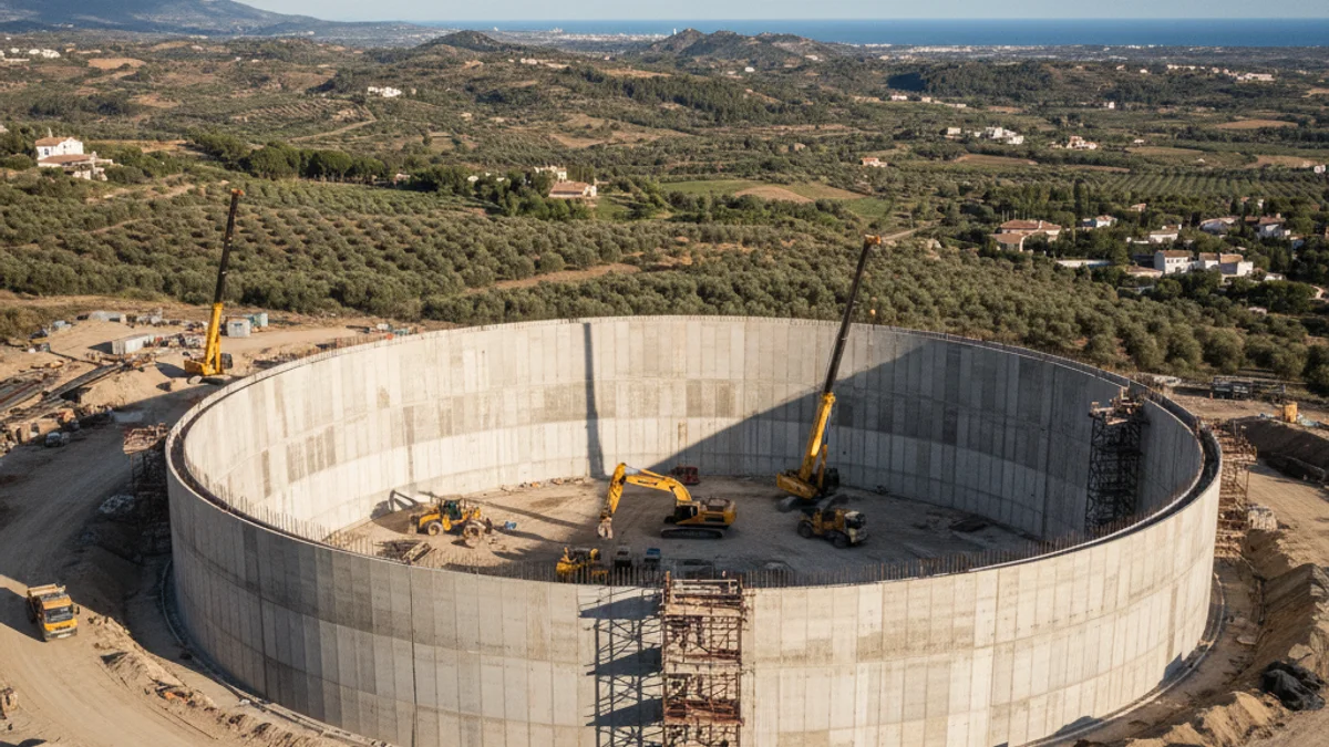 Imagen genérica de la construcción de un gran depósito de agua industrial.
