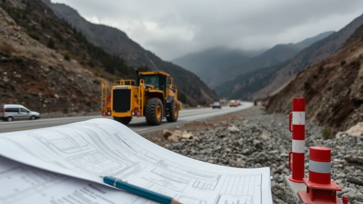 Descripción genérica de una carretera de montaña con un túnel y obras de infraestructura en el Alto Pirineo.