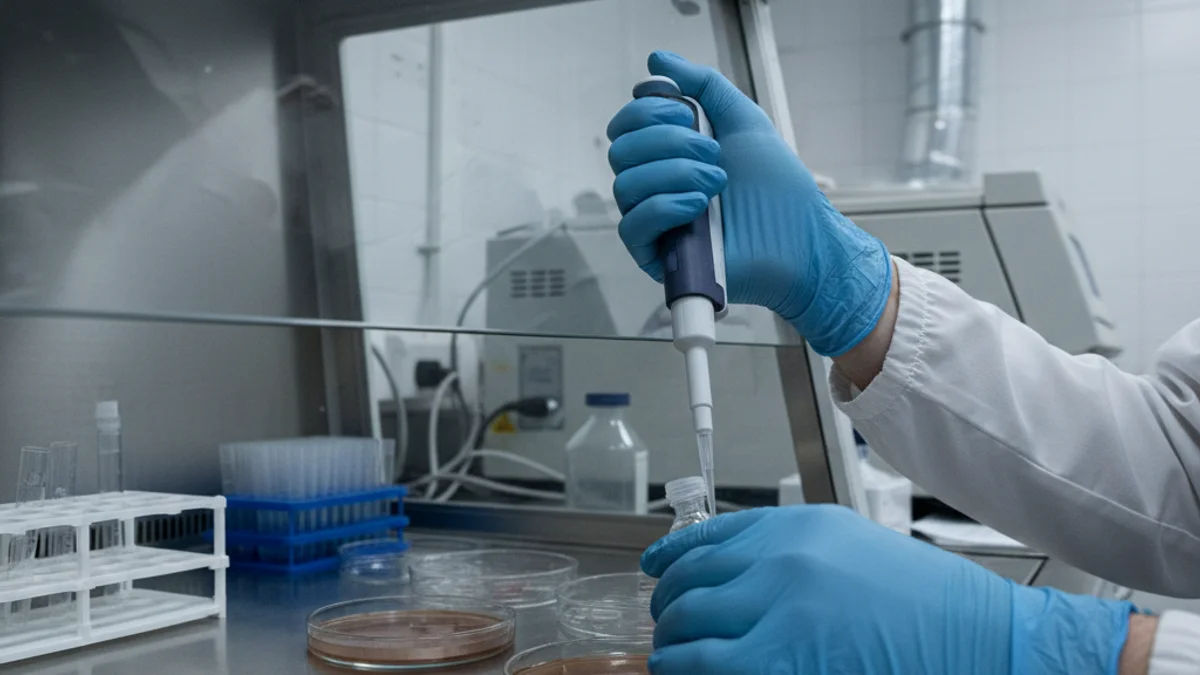 Imagen genérica de un laboratorio de alta seguridad con un científico manipulando muestras relacionadas con la sanidad animal.
