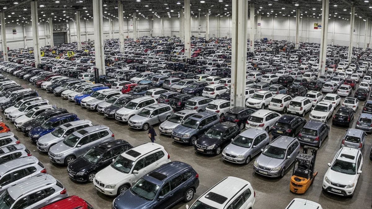 Vista general de una feria de vehículos de ocasión con coches expuestos en un recinto cerrado.