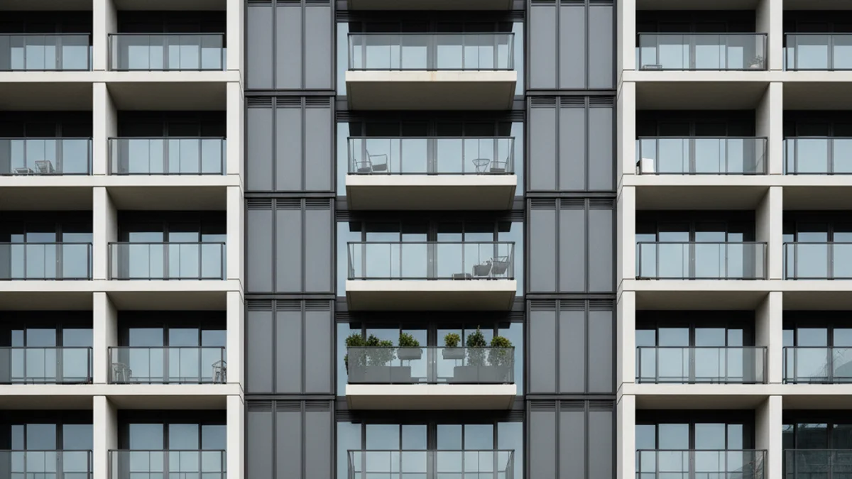 Imagen de un bloque de pisos modernos bajo un cielo despejado.