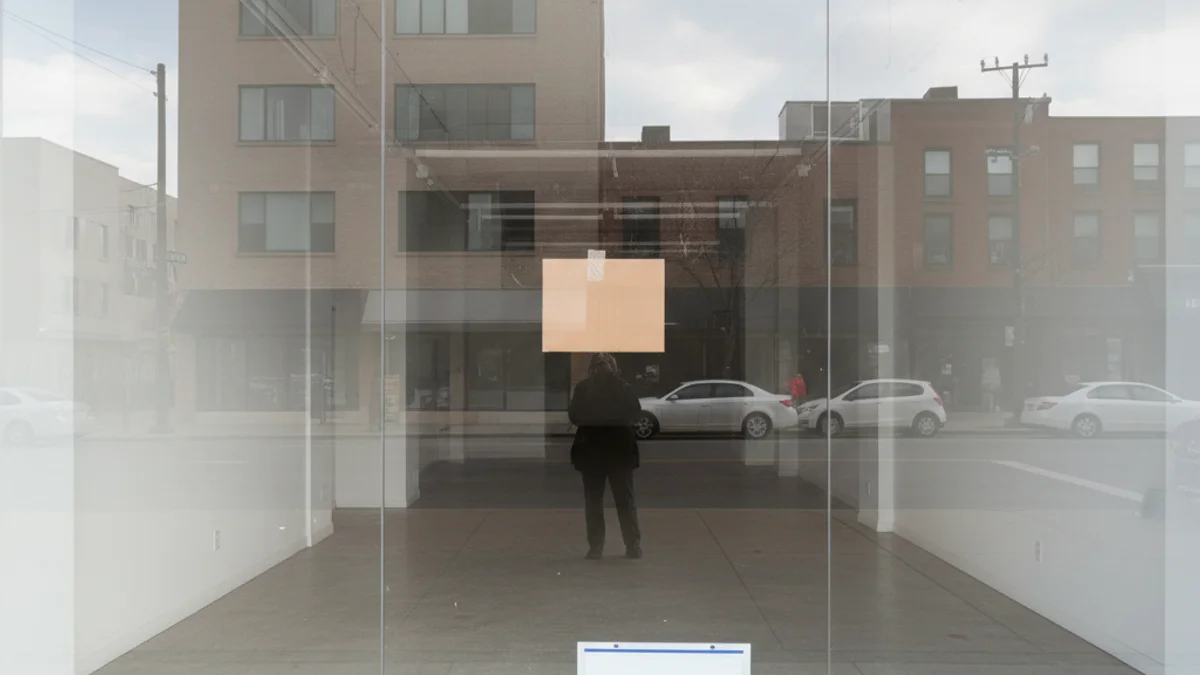 Interior de un local comercial vacío con un cartel de disponible en el cristal.