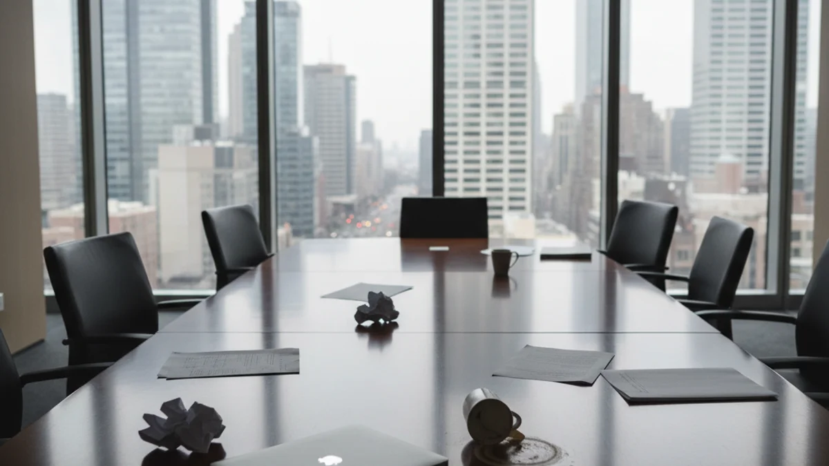 Imagen genérica de un entorno corporativo o financiero, con figuras borrosas en una sala de reuniones.