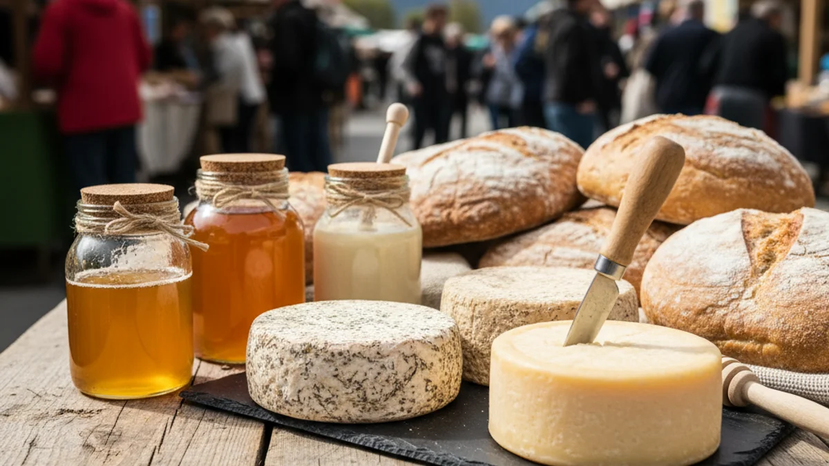 Cesta con productos artesanos locales como quesos y miel en un mercado tradicional.