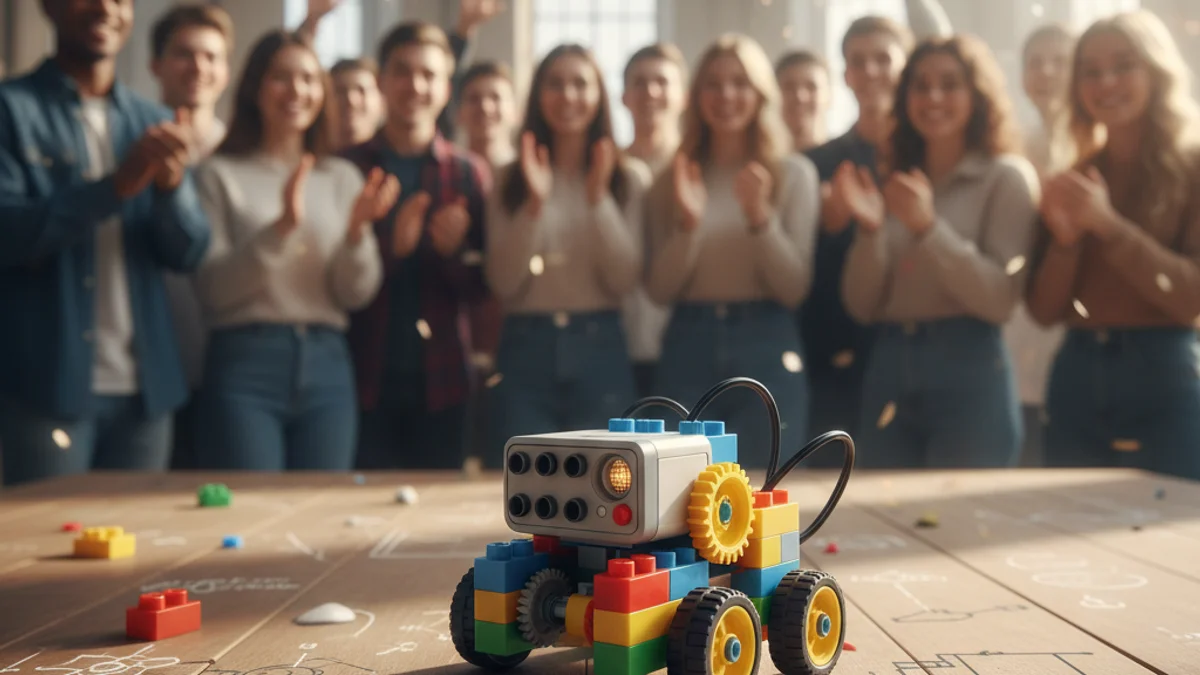 Imagen genérica de un robot educativo construido con piezas de colores durante una competición tecnológica.