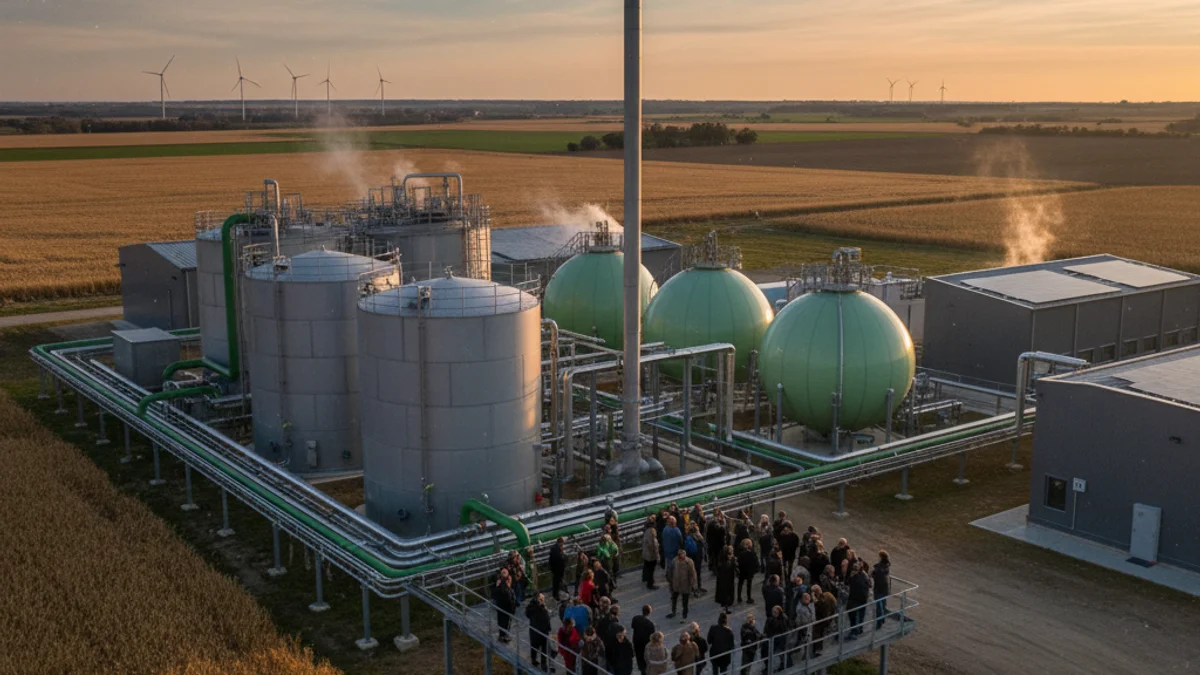Imagen genérica de una planta de producción de biometano con tanques industriales en un entorno rural.