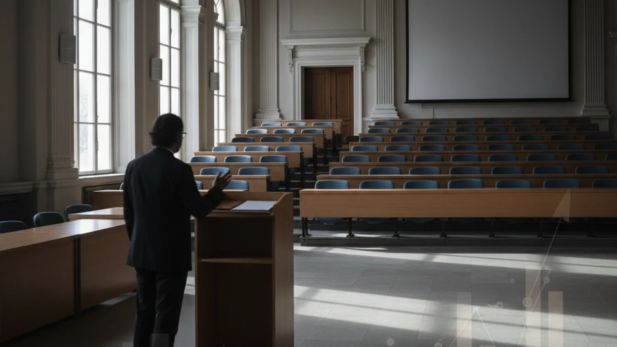 Silueta de un economista o académico en un entorno institucional, como una sala de conferencias vacía.