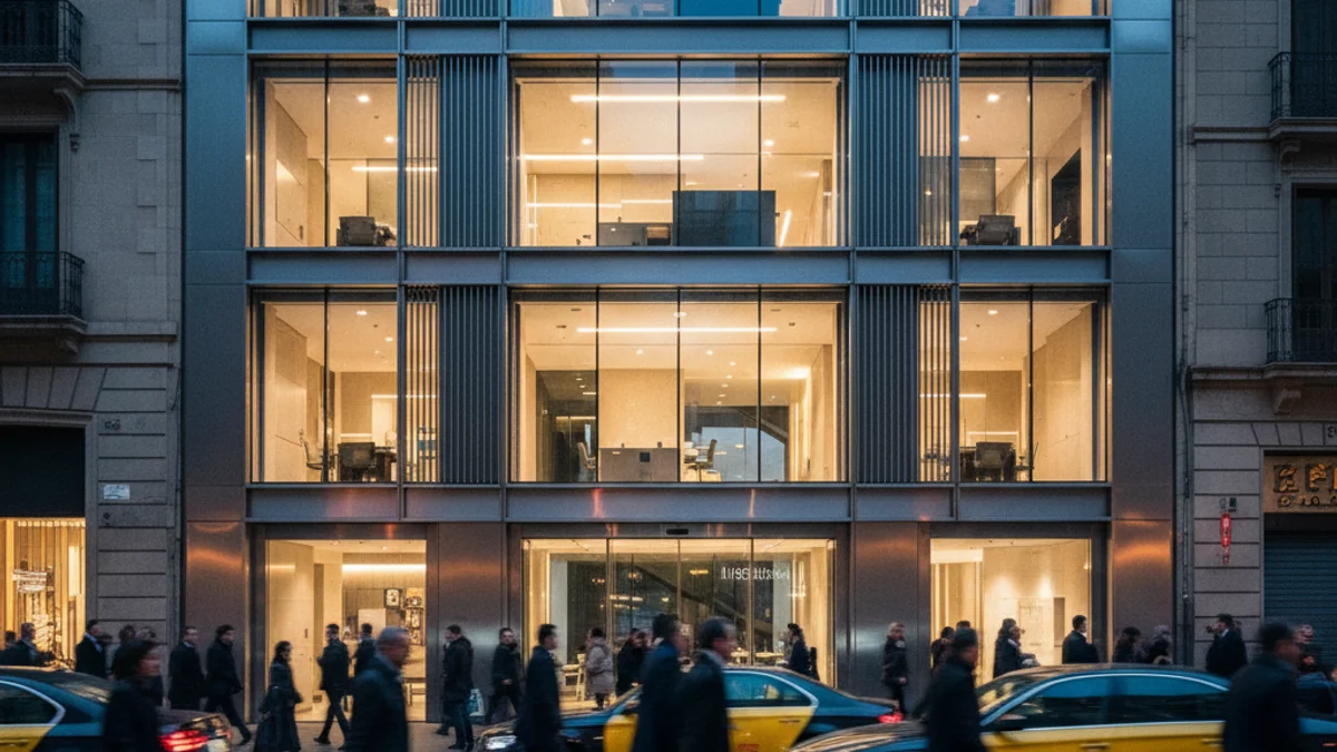 Imagen genérica de la fachada de una oficina inmobiliaria de lujo en una zona urbana.