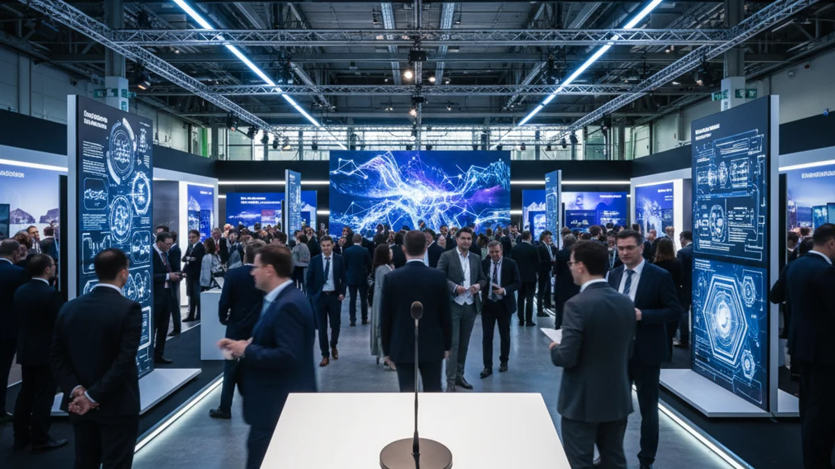 Imagen genérica de un foro tecnológico con pantallas de datos y asistentes.
