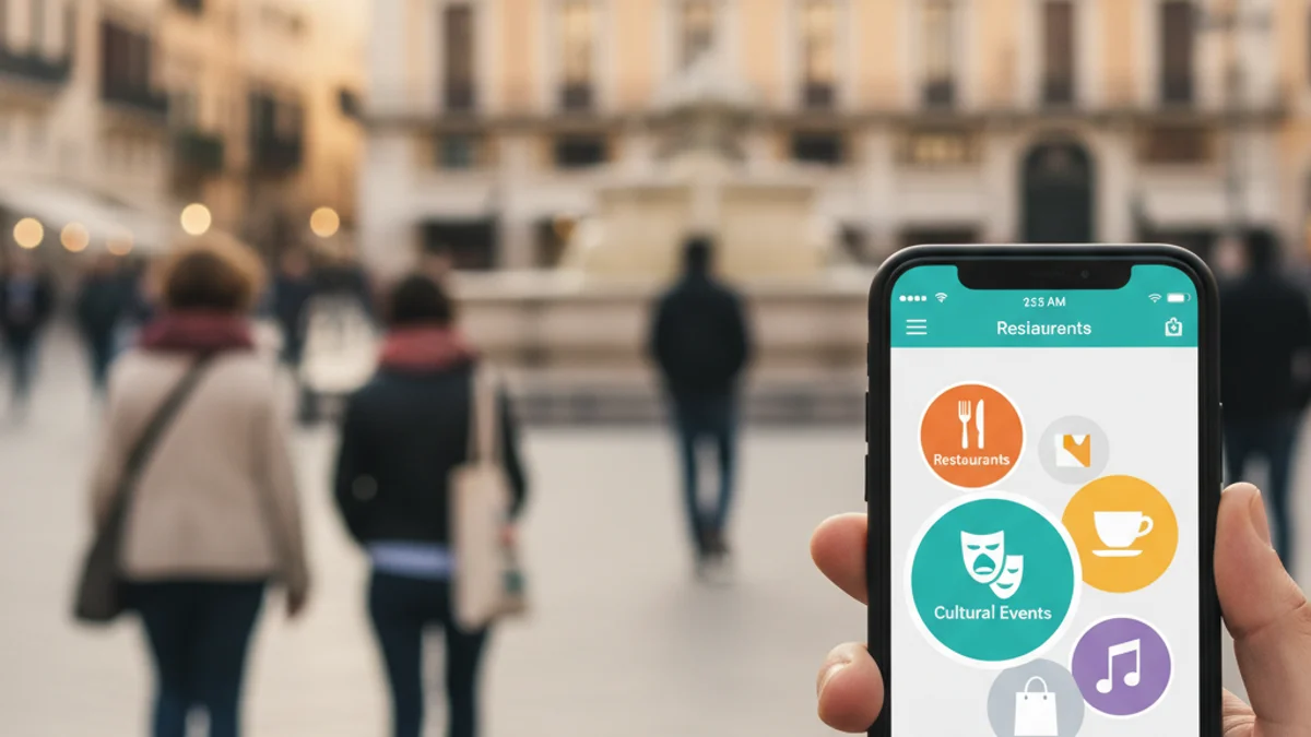 Imagen genérica de una aplicación móvil de ocio y servicios en un entorno urbano.