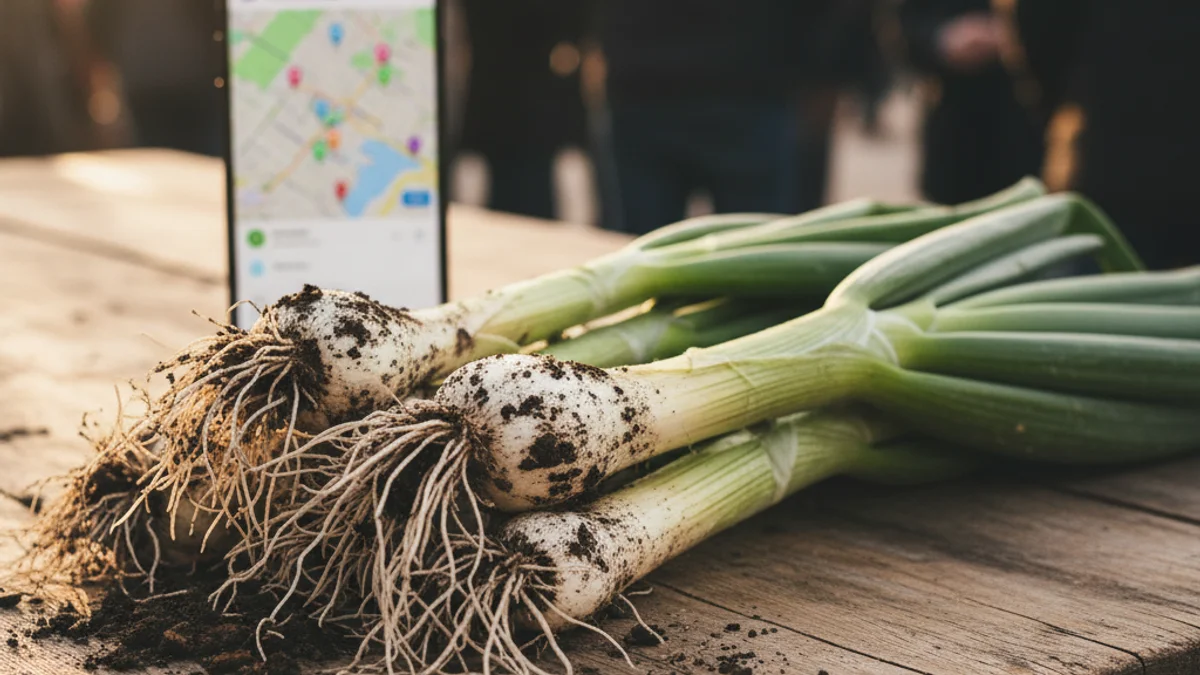 Imagen genérica de unos calçots frescos sobre una mesa con un teléfono móvil mostrando un mapa.