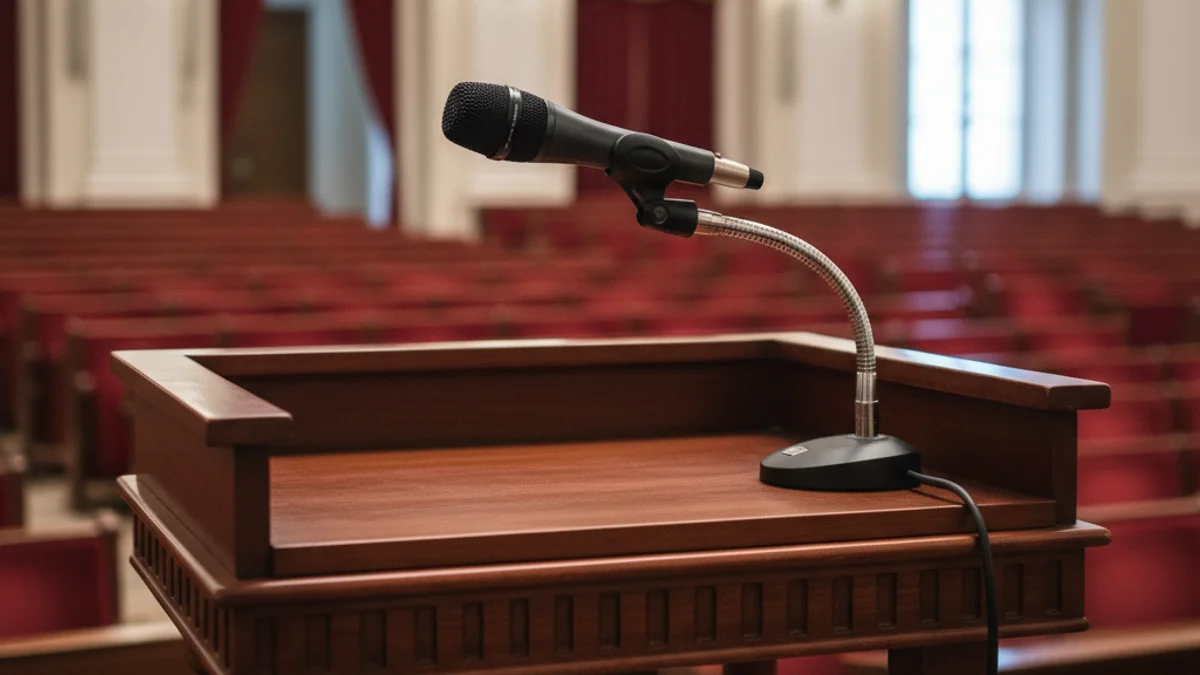 Un micrófono en un podio durante una gala de premios empresariales.