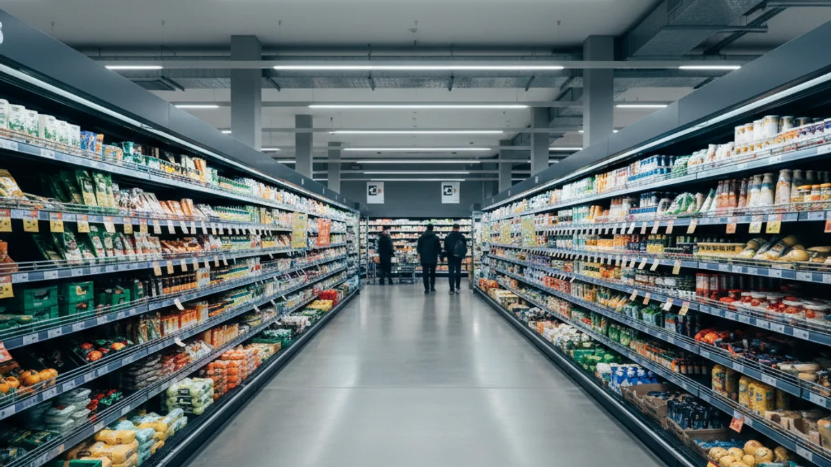 Interior de un supermercado moderno con estanterías y pasillos amplios.