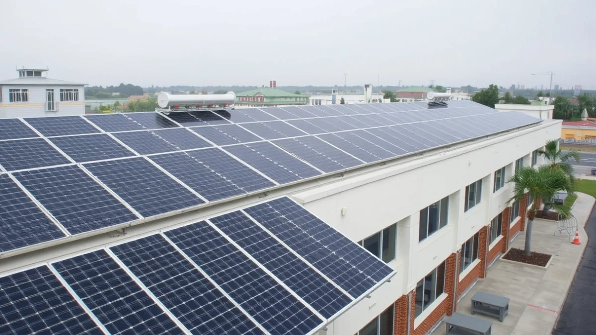 Paneles solares fotovoltaicos instalados en el tejado de un edificio público municipal.