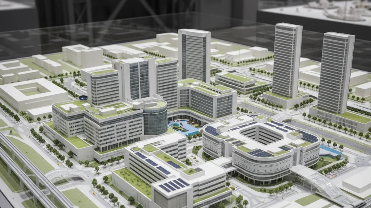 Representación de un gran complejo urbano moderno dedicado a la investigación y la salud en el área metropolitana de Barcelona.