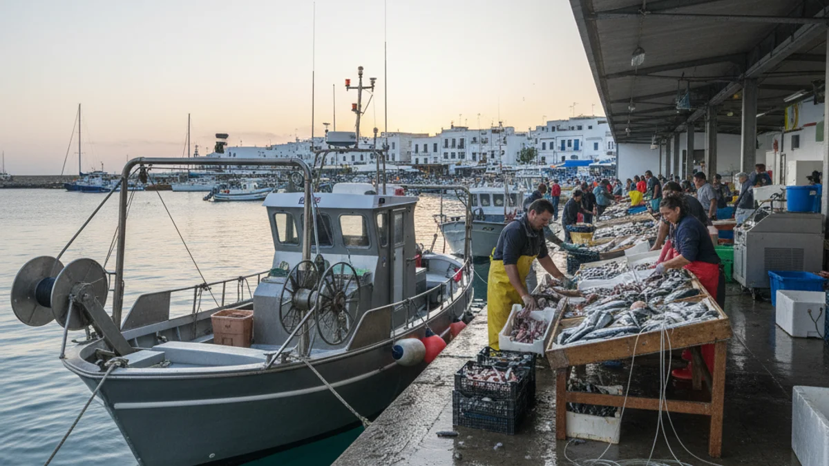 Imagen genérica de un barco de pesca amarrado en el puerto o de una lonja de pescado, simbolizando la visita institucional.
