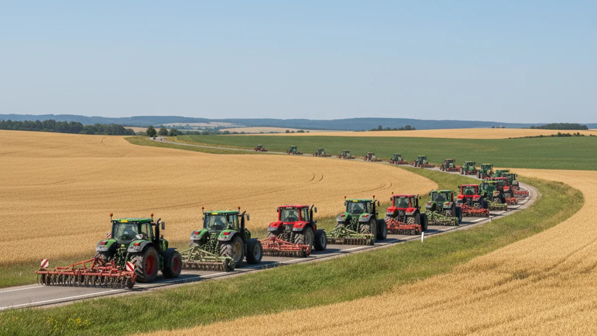 Una hilera de tractores circulando por una carretera durante una protesta agraria.