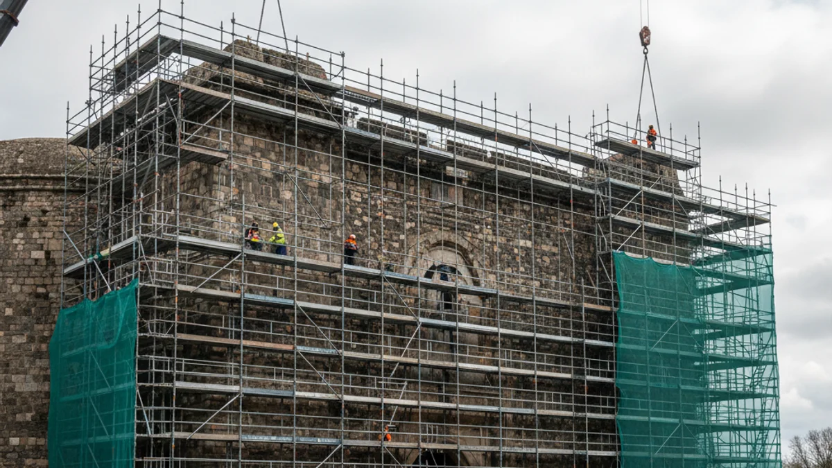 Vista de un edificio histórico con elementos de conservación o andamios, simbolizando la renovación.