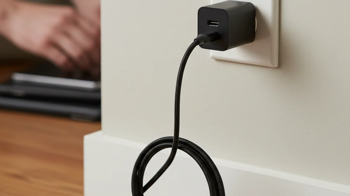 Un cable de cargador de teléfono móvil conectado a un enchufe de pared, simbolizando el consumo eléctrico.