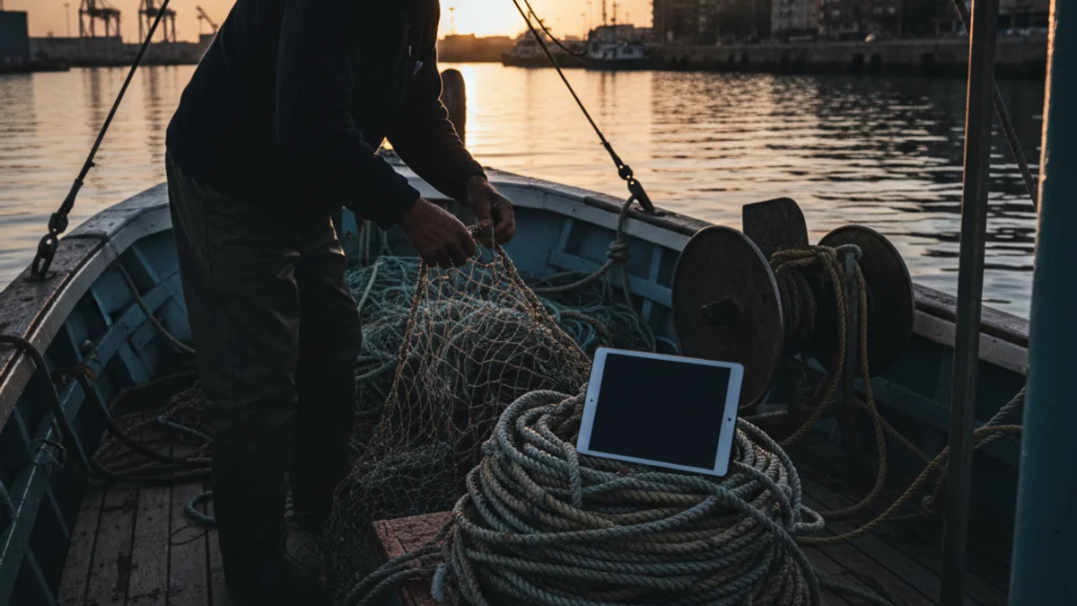 Imagen genérica de un pescador mayor trabajando en una barca en el puerto, simbolizando la crisis del sector.