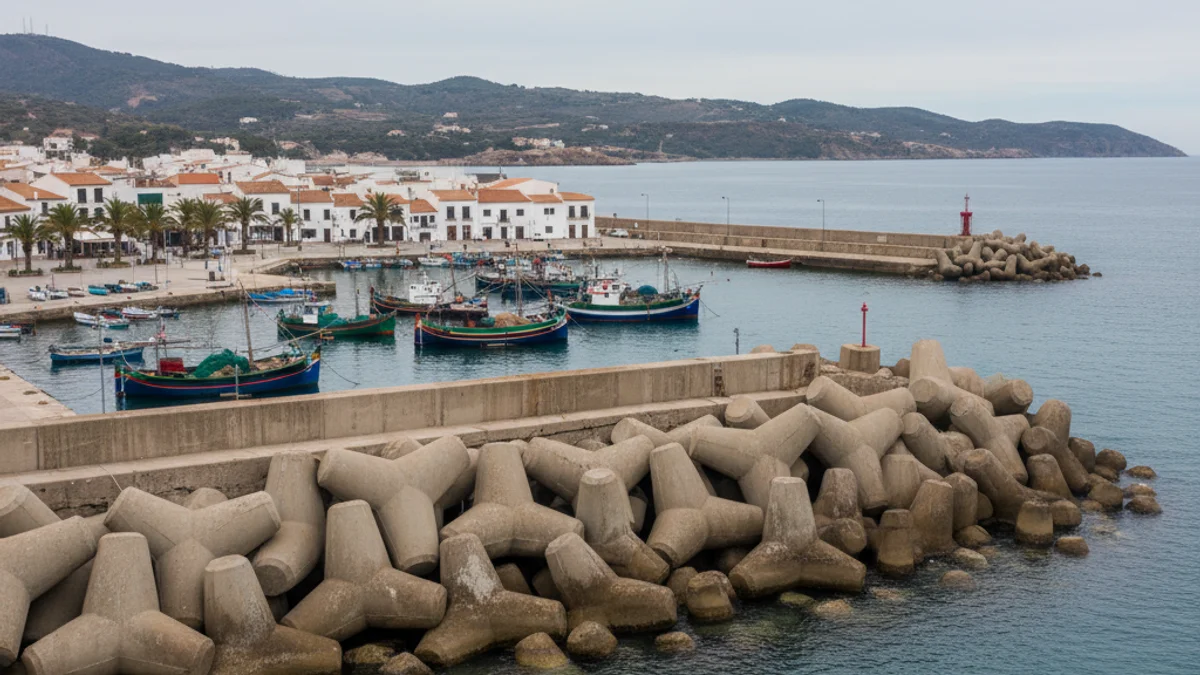 Descripción genérica de un puerto pesquero con un dique de abrigo y barcos amarrados.