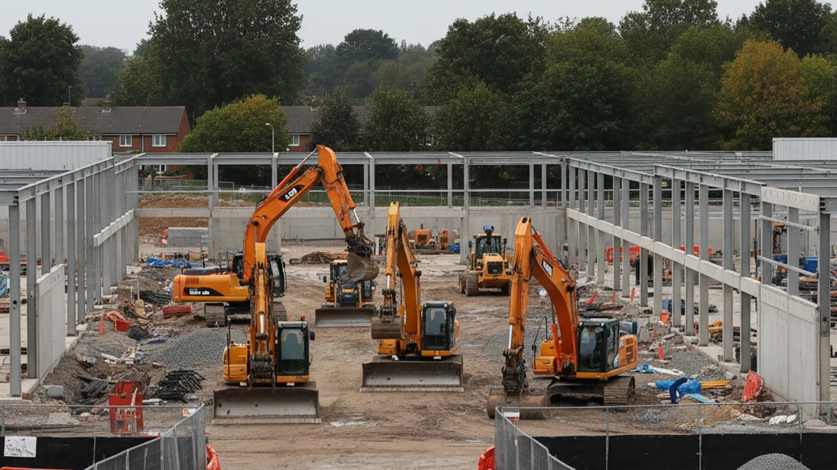 Vista genérica de una gran parcela comercial en construcción, con maquinaria pesada y vallas de seguridad.