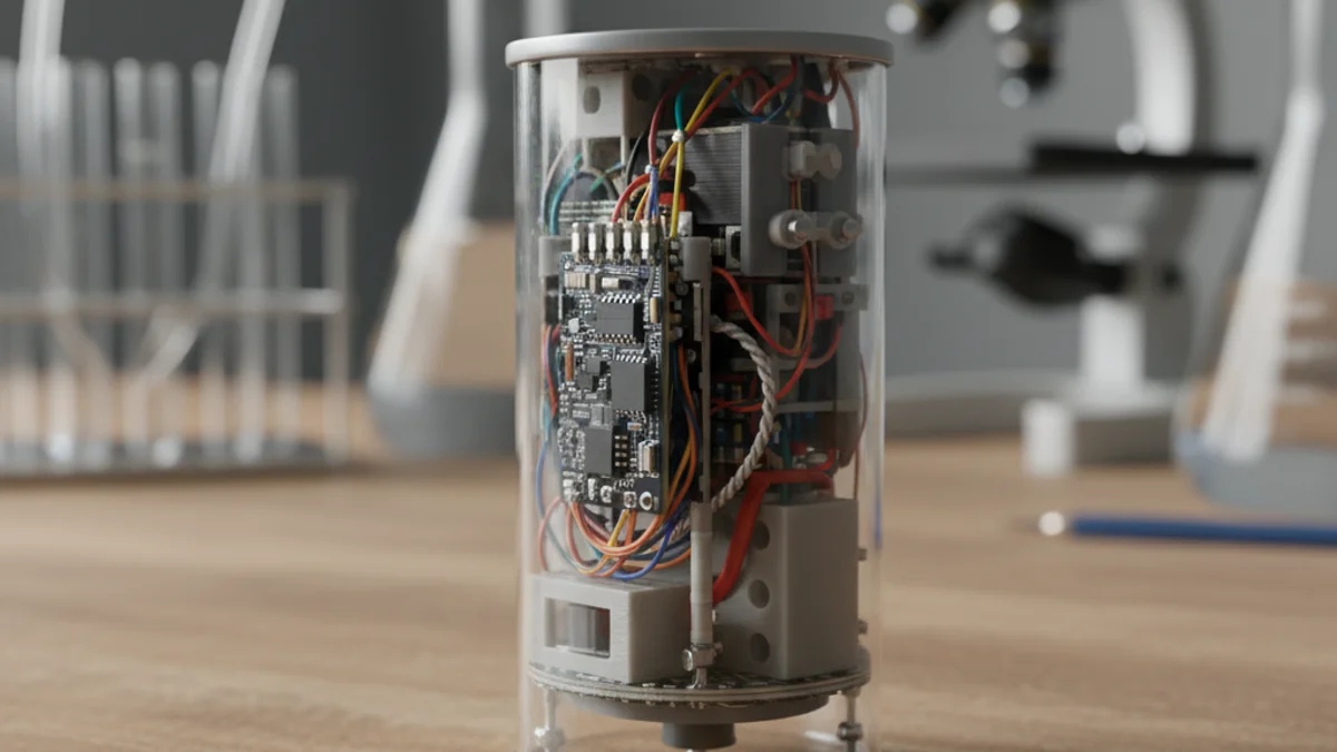 Detalle de un prototipo de cohete pequeño sobre una mesa de trabajo en un laboratorio escolar.