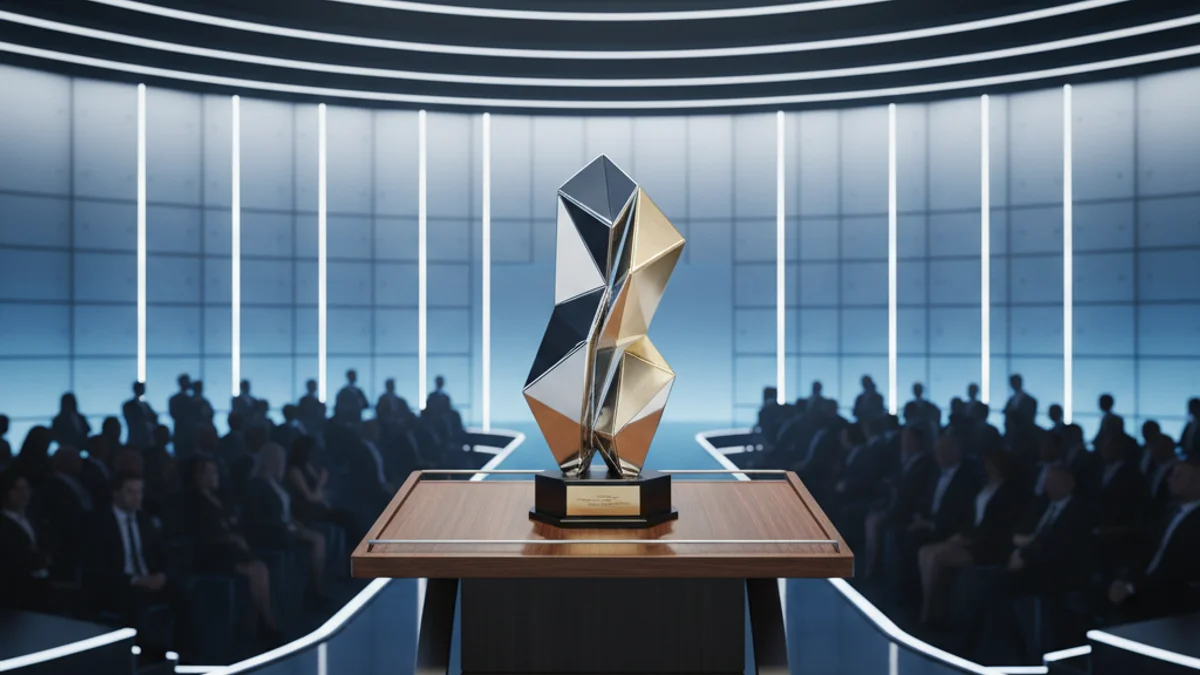 Imagen genérica de una gala de premios empresariales con foco en un trofeo o un podio vacío.