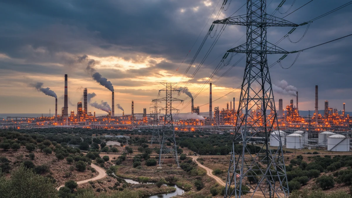 Imagen genérica de torres de alta tensión y líneas eléctricas en un entorno industrial.
