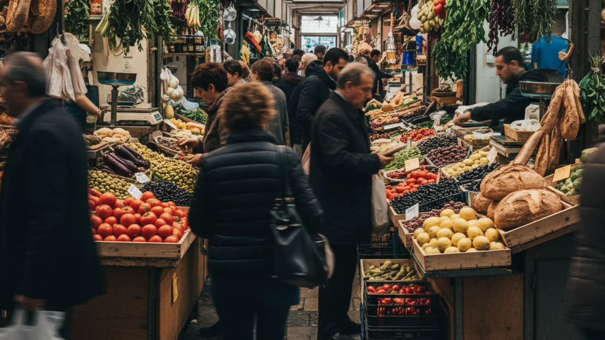 Interior de un mercado municipal con puestos de productos frescos y gente comprando.