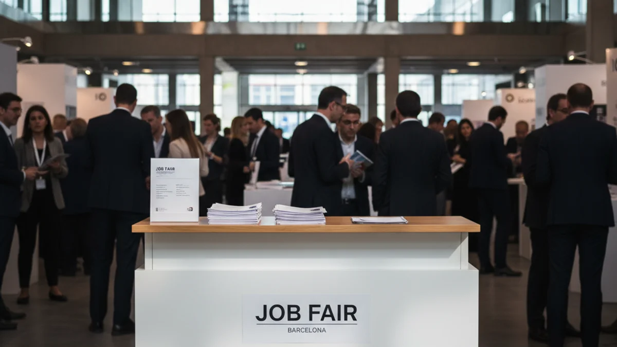 Imagen genérica de una feria de empleo con currículums sobre una mesa y gente al fondo.